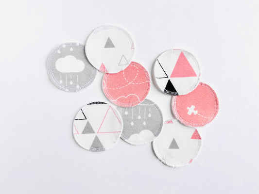 Organic Cotton Face Rounds - Set #32 - Airplanes, Triangles, Clouds - Coral Gray Black Mix (Small)