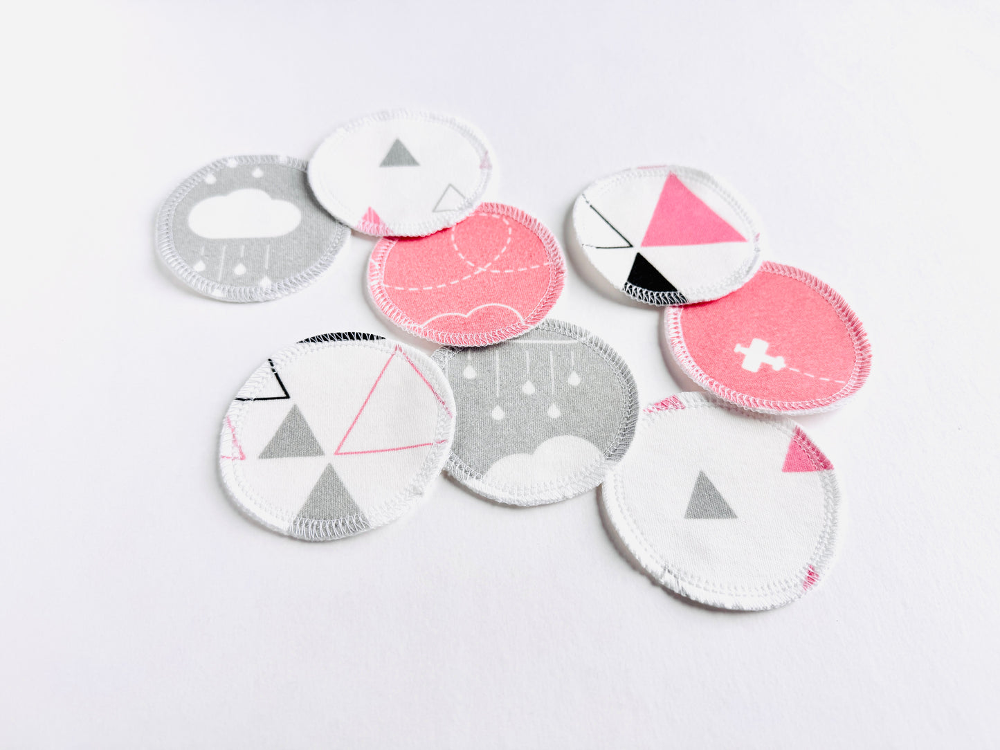 Organic Cotton Face Rounds - Set #32 - Airplanes, Triangles, Clouds - Coral Gray Black Mix (Small)