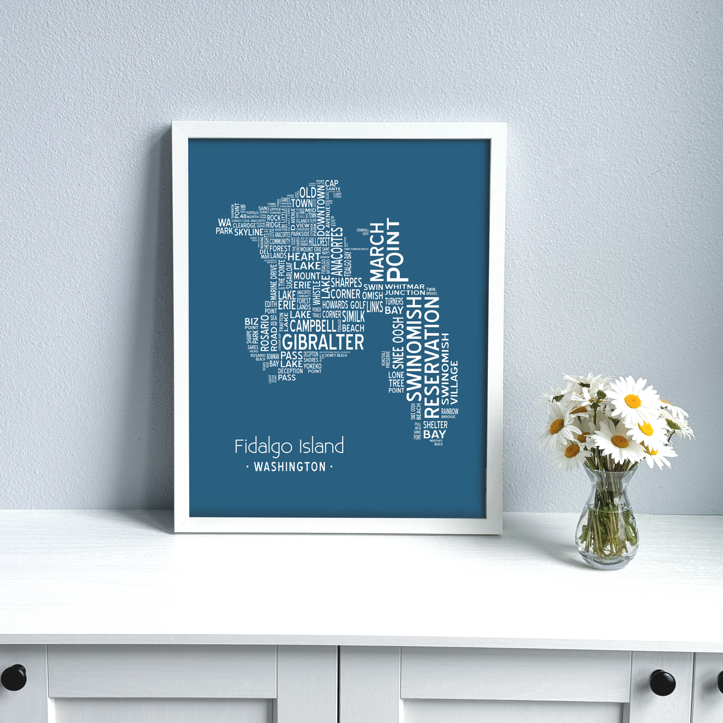 Island of Places Series - Fidalgo Island Art Print / White on Navy (Unframed)