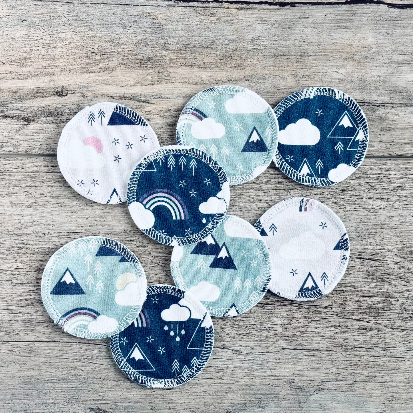 Organic Cotton Face Rounds - Set #25 - Rainbows + Mountains Navy / Plum / Aqua Mix (Small)