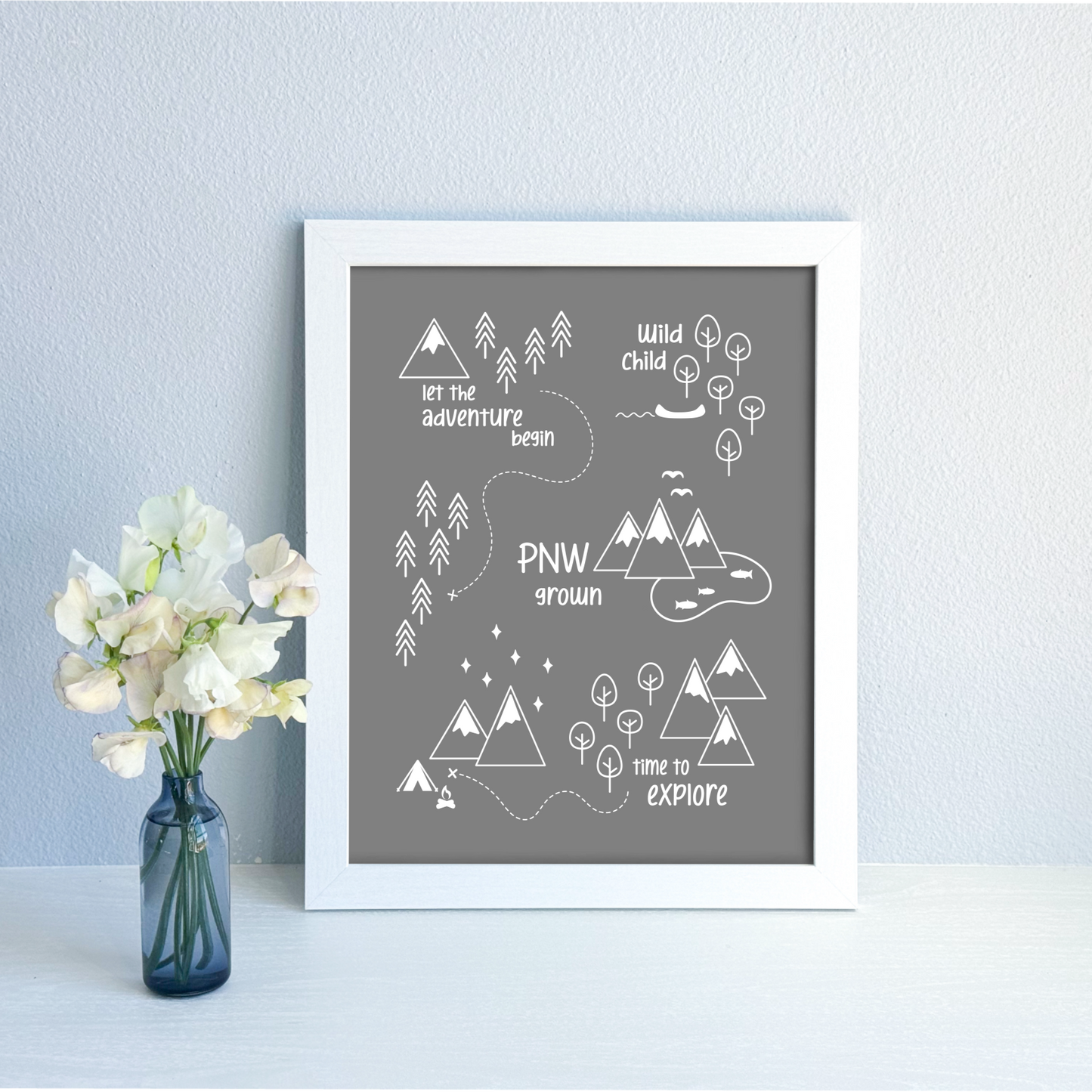 PNW Scene Art Print / White on Gray (Unframed)