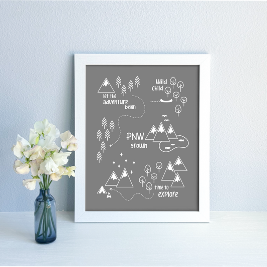 PNW Scene Art Print / White on Gray (Unframed)