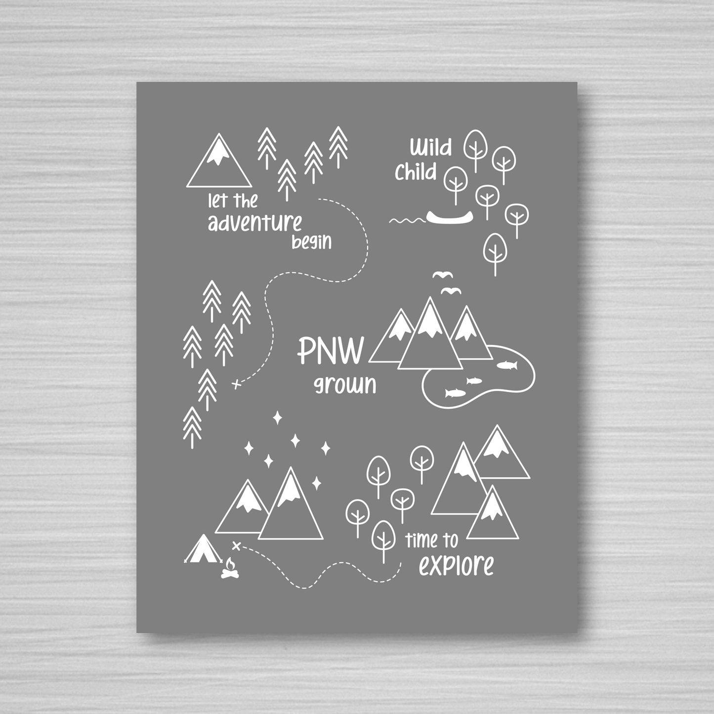 PNW Scene Art Print / White on Gray (Unframed)