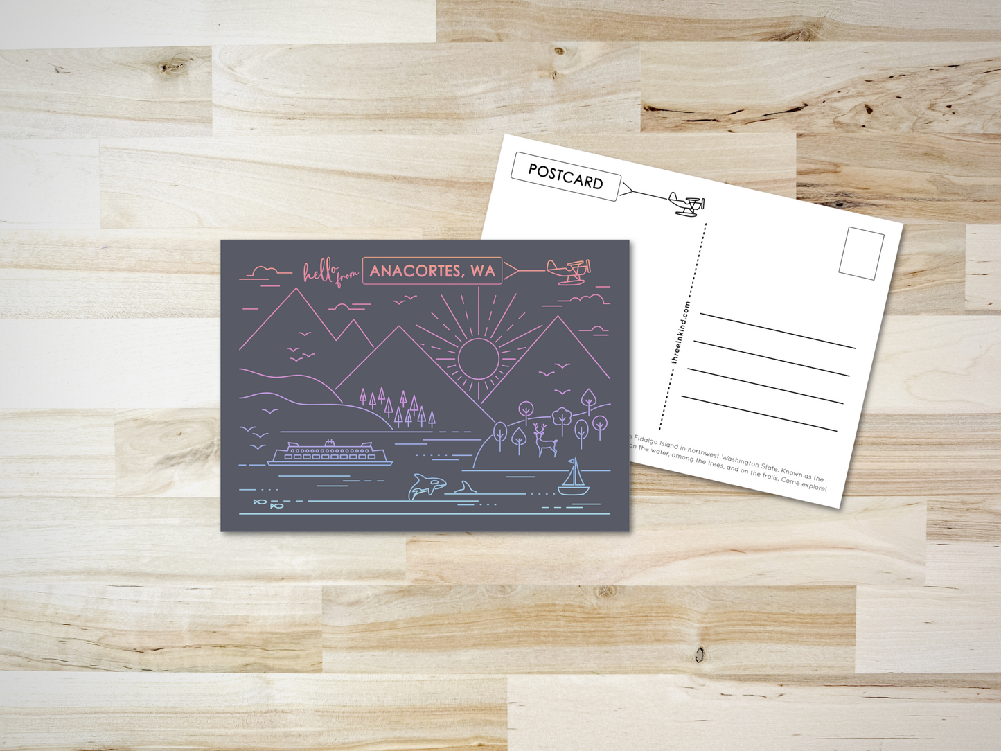 Anacortes Postcard - PNW Line Design on Dark Gray