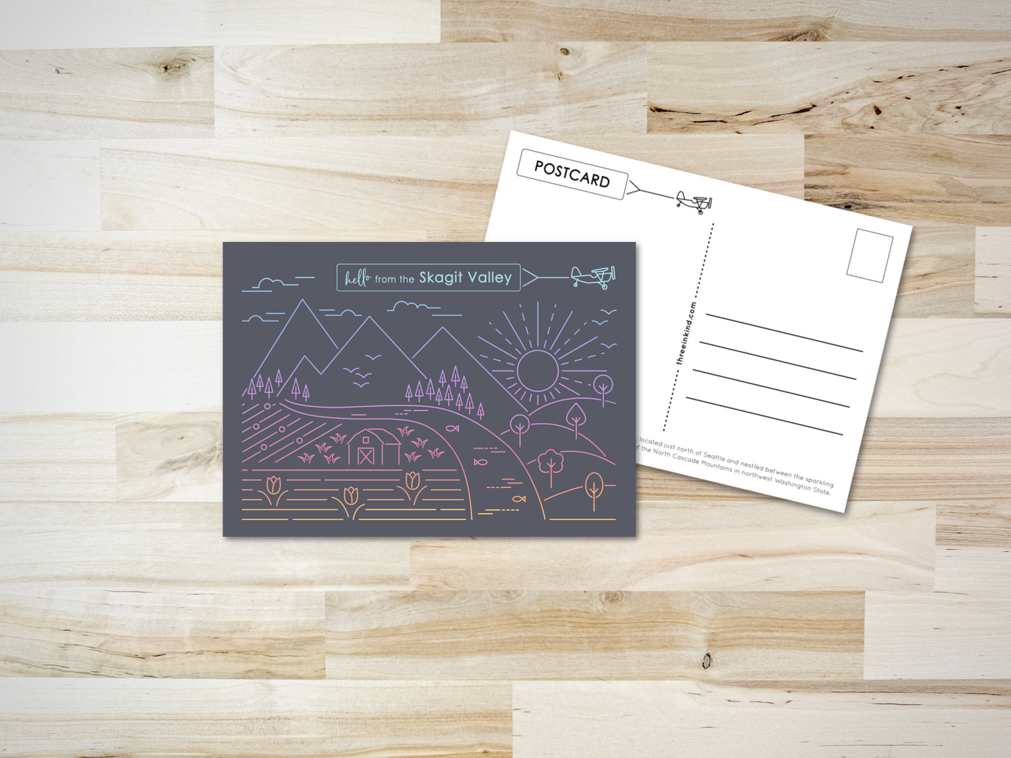 Skagit Valley Postcard - PNW Line Design on Dark Gray