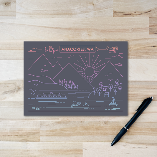 Anacortes Postcard - PNW Line Design on Dark Gray