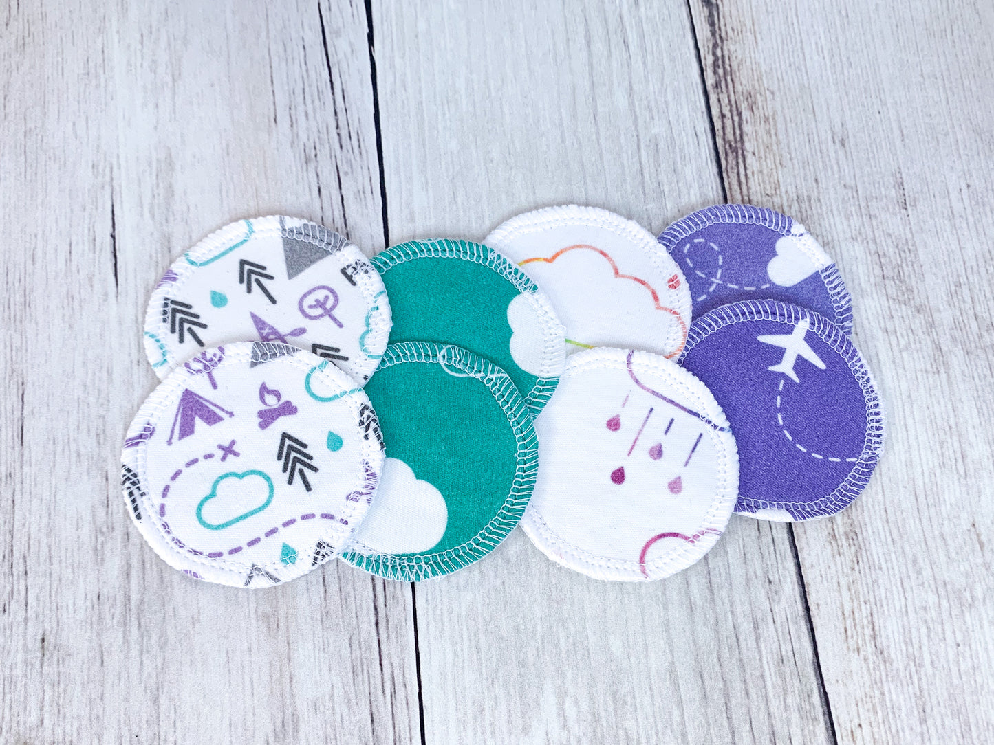 Organic Cotton Face Rounds - Set #5 - PNW + Clouds Mix - Purple / Mint / Teal (Small)