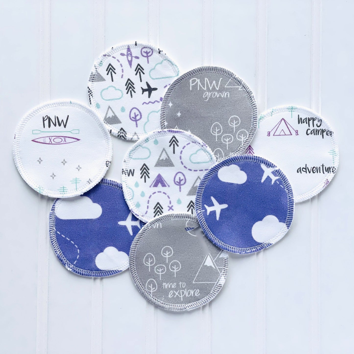 Organic Cotton Face Rounds - Set L - Happy Mix Purple / Mint / Gray (Large)