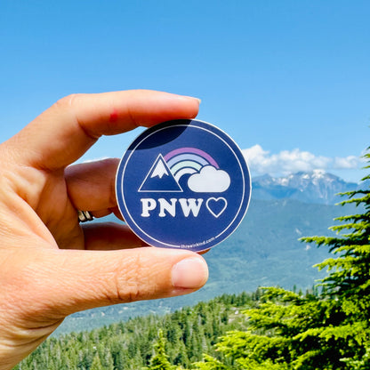 PNW Heart Rainbows + Mountains 2” Circle Sticker / Decal