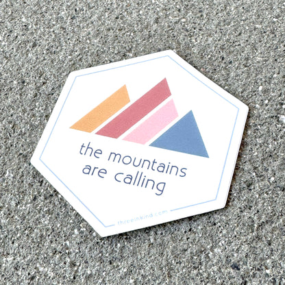 Hexagon “The Mountains Are Calling” Color Block Mountains 3” Sticker / Decal