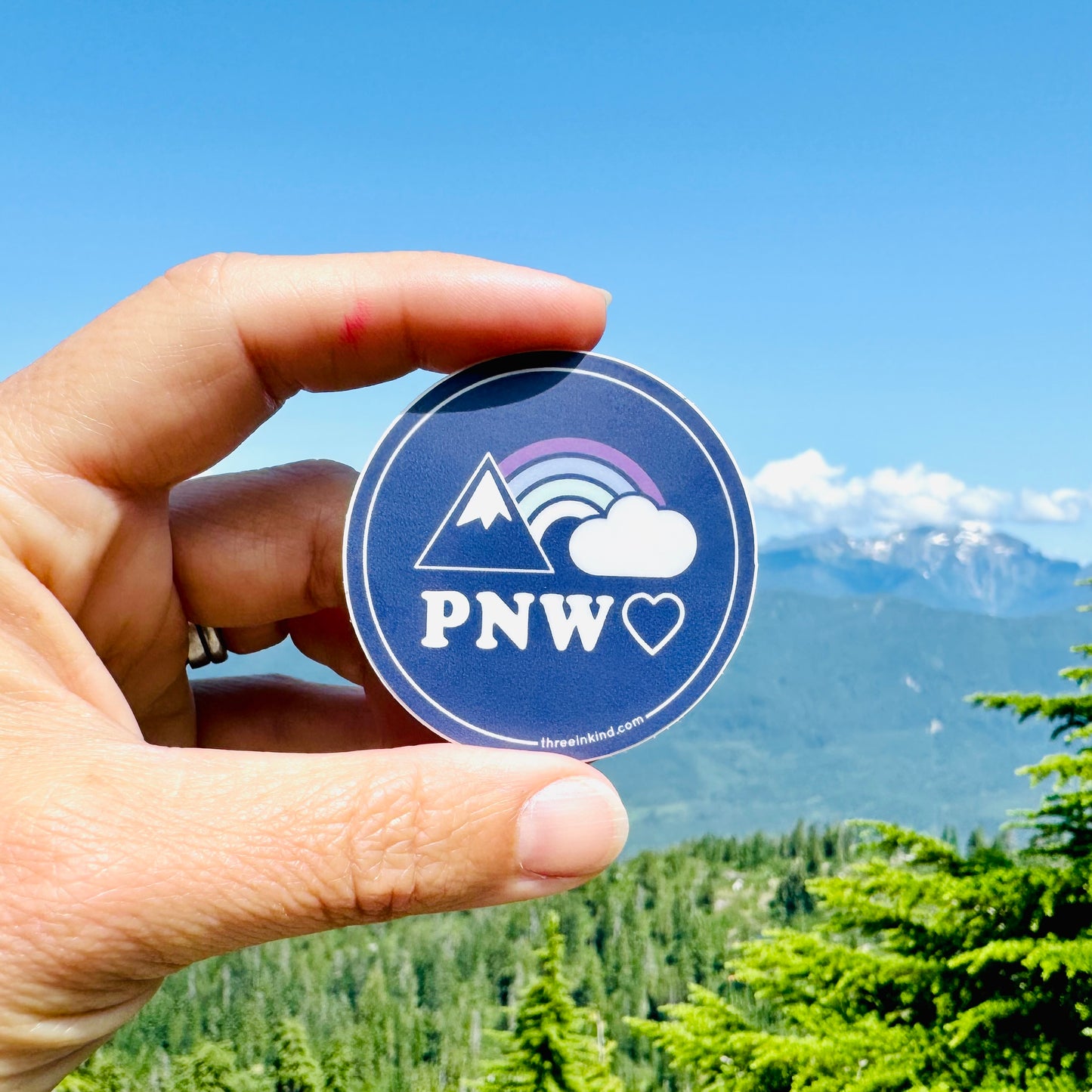 PNW Heart Rainbows + Mountains 2” Circle Sticker / Decal