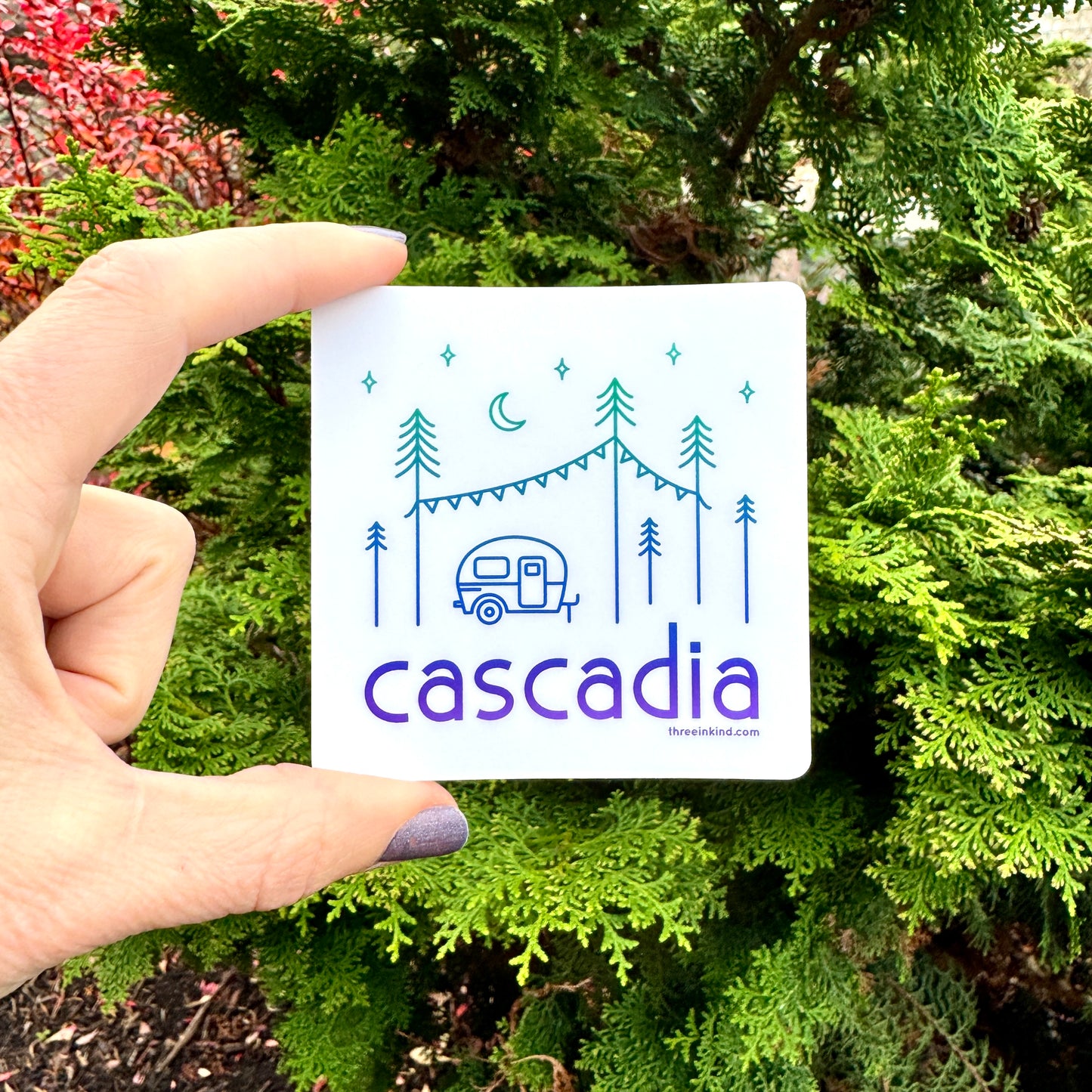 Cascadia Happy Camper 3” Sticker / Decal