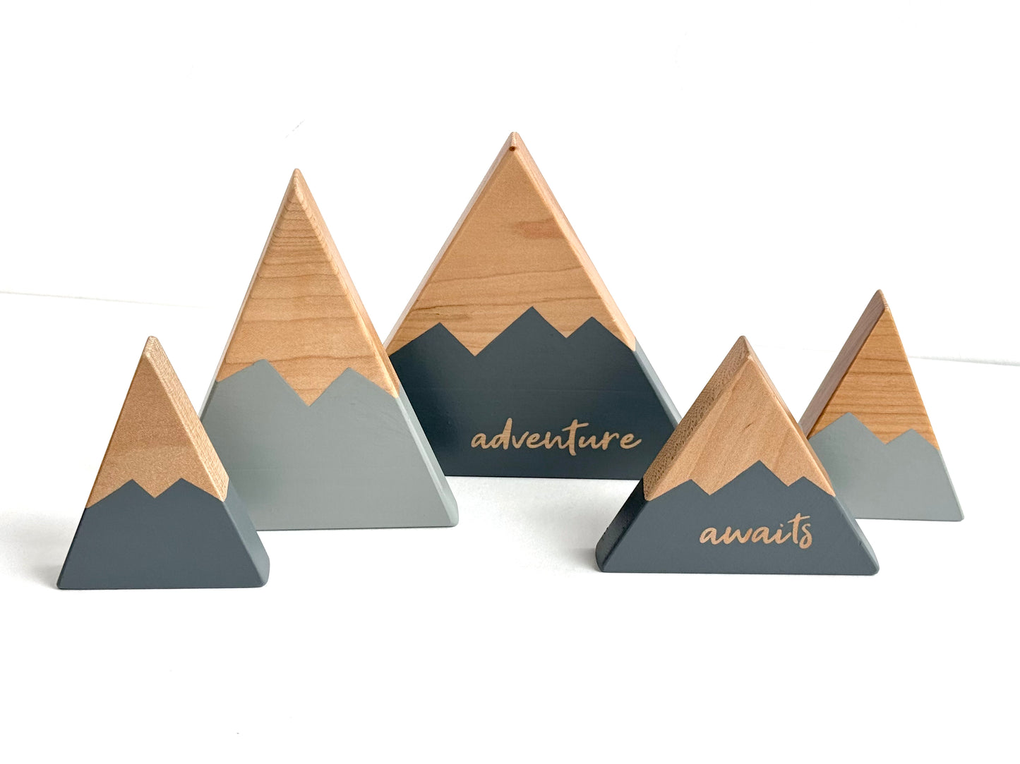 Wooden Mountain Set - "Adventure Awaits" Set of 5 - Charcoal Gray / Light Gray