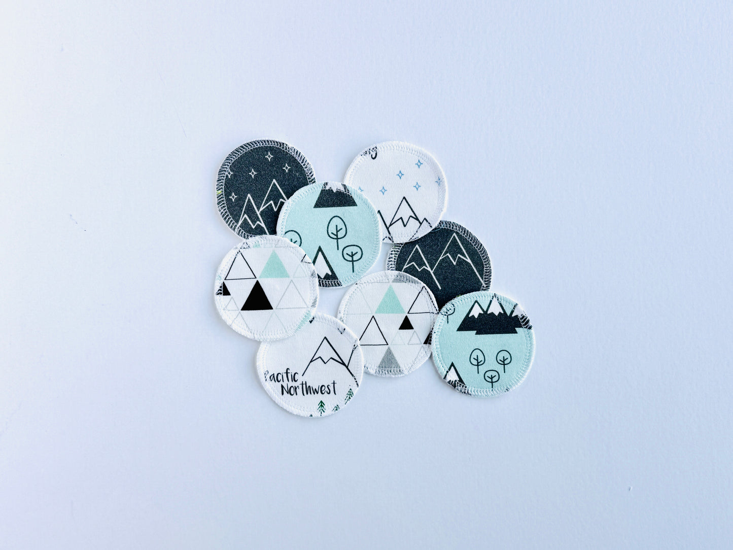 Organic Cotton Face Rounds - Set #29 - Mountains + Triangles Mint Gray Mix (Small)