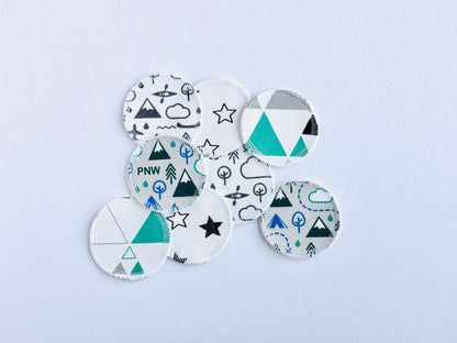 Organic Cotton Face Rounds - Set #31 - PNW Love, Stars, & Teal Blue Gray Mix (Small)