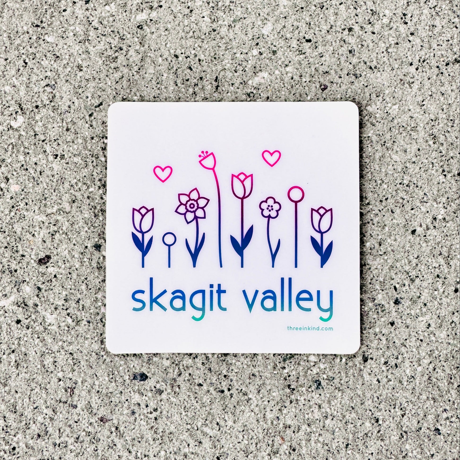 Sticker with floral design and 'skagit valley' text on a textured surface