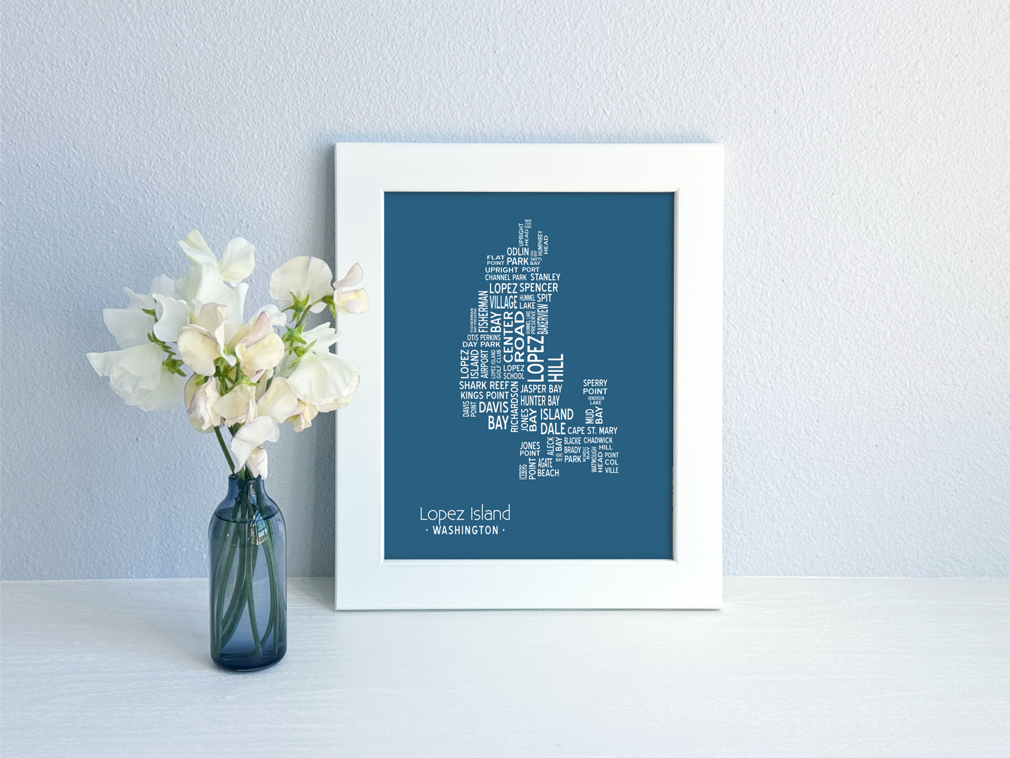 Island of Places Series - Lopez Island Art Print / White on Navy (Unframed)
