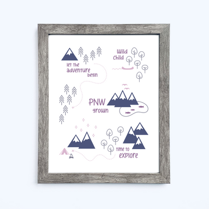 PNW Scene Art Print / Plum Pink Navy Gray (Unframed)