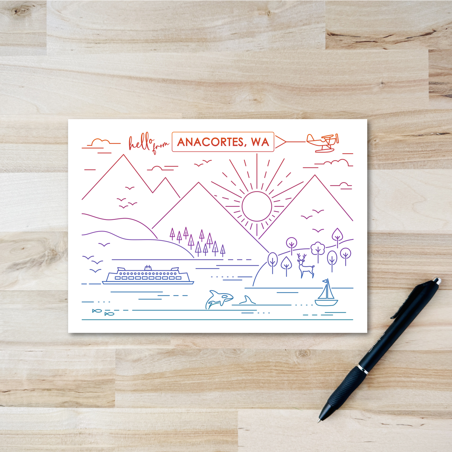 Anacortes Postcard - PNW Line Design on White