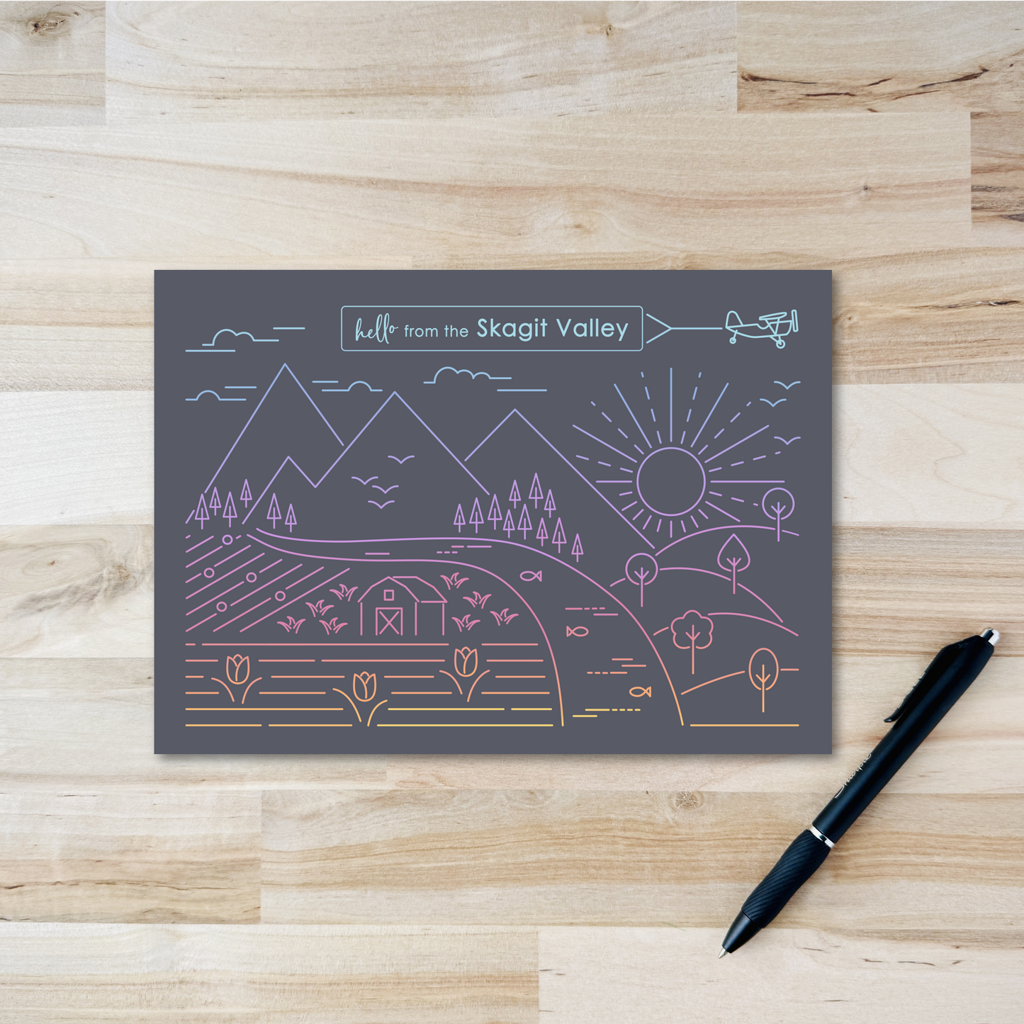 Skagit Valley Postcard - PNW Line Design on Dark Gray