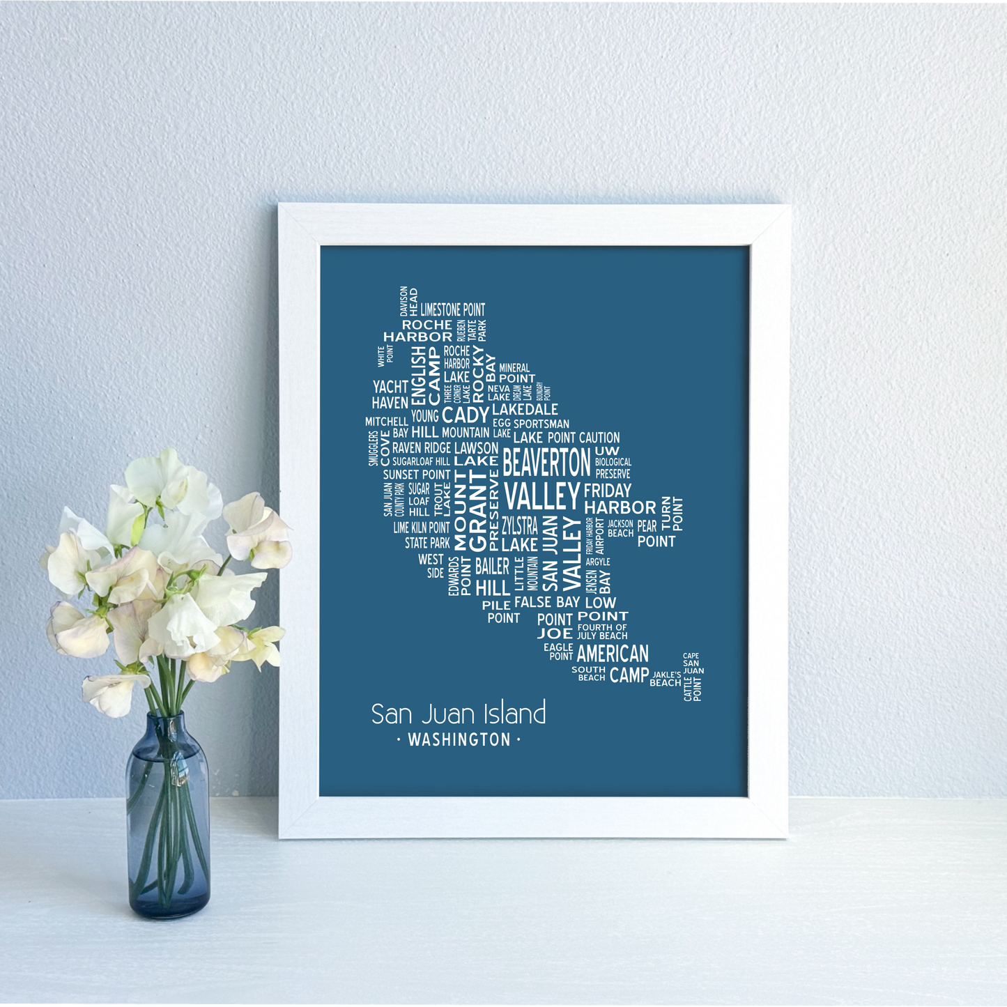 Island of Places Series - San Juan Island Art Print / White on Navy (Unframed)