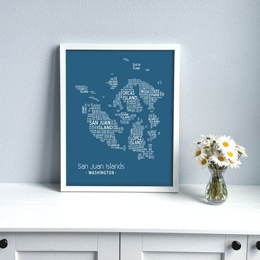 Island of Places Series - San Juan Islands Art Print / White on Navy (Unframed)