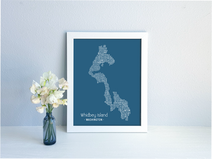 Island of Places Series - Whidbey Island Art Print / White on Navy (Unframed)