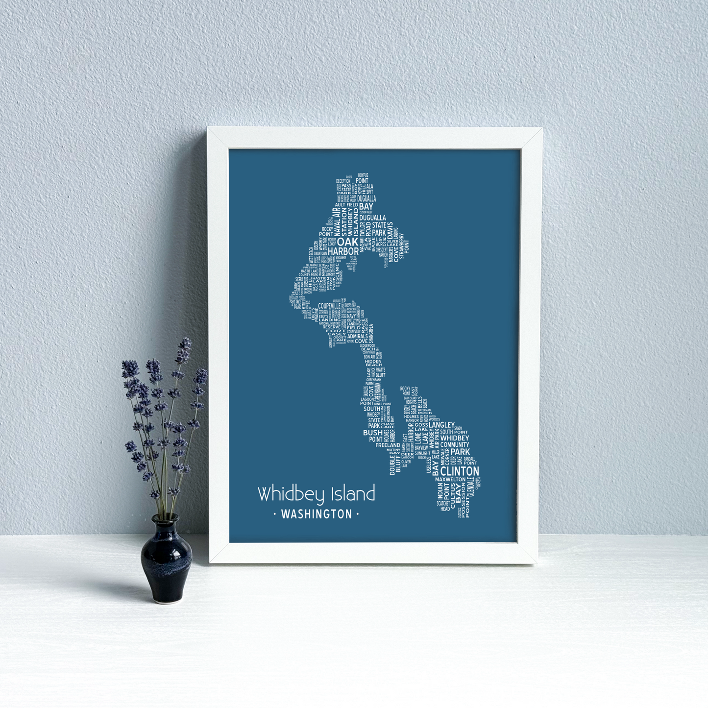 Island of Places Series - Whidbey Island Art Print / White on Navy (Unframed)