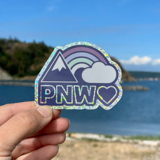 Sticker / Decal - Rainbows + Mountain Glitter PNW 3”
