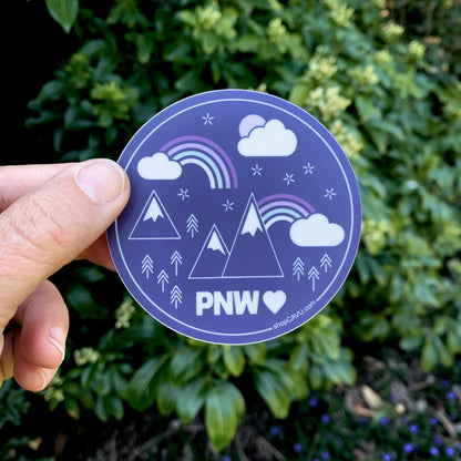 Sticker / Decal - Dark Purple Rainbows + Mountains PNW 3” Circle