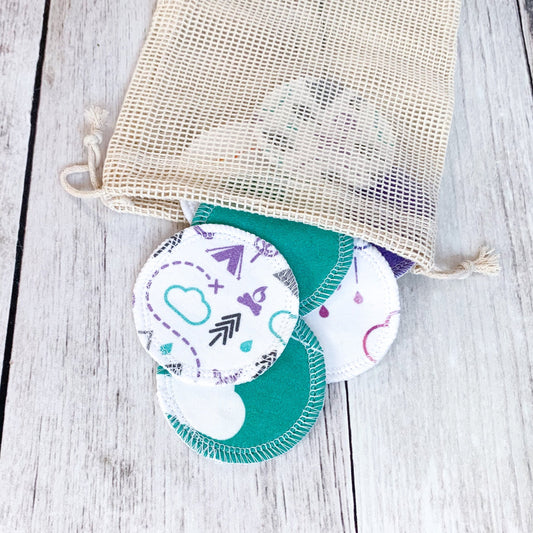 Organic Cotton Face Rounds - Set #5 - PNW + Clouds Mix - Purple / Mint / Teal (Small)