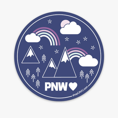 Sticker / Decal - Dark Purple Rainbows + Mountains PNW 3” Circle